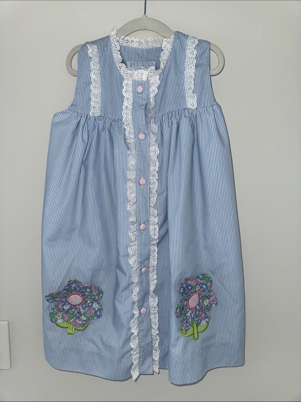 Bleu Floral Appliqué Blue Striped Girls Dress